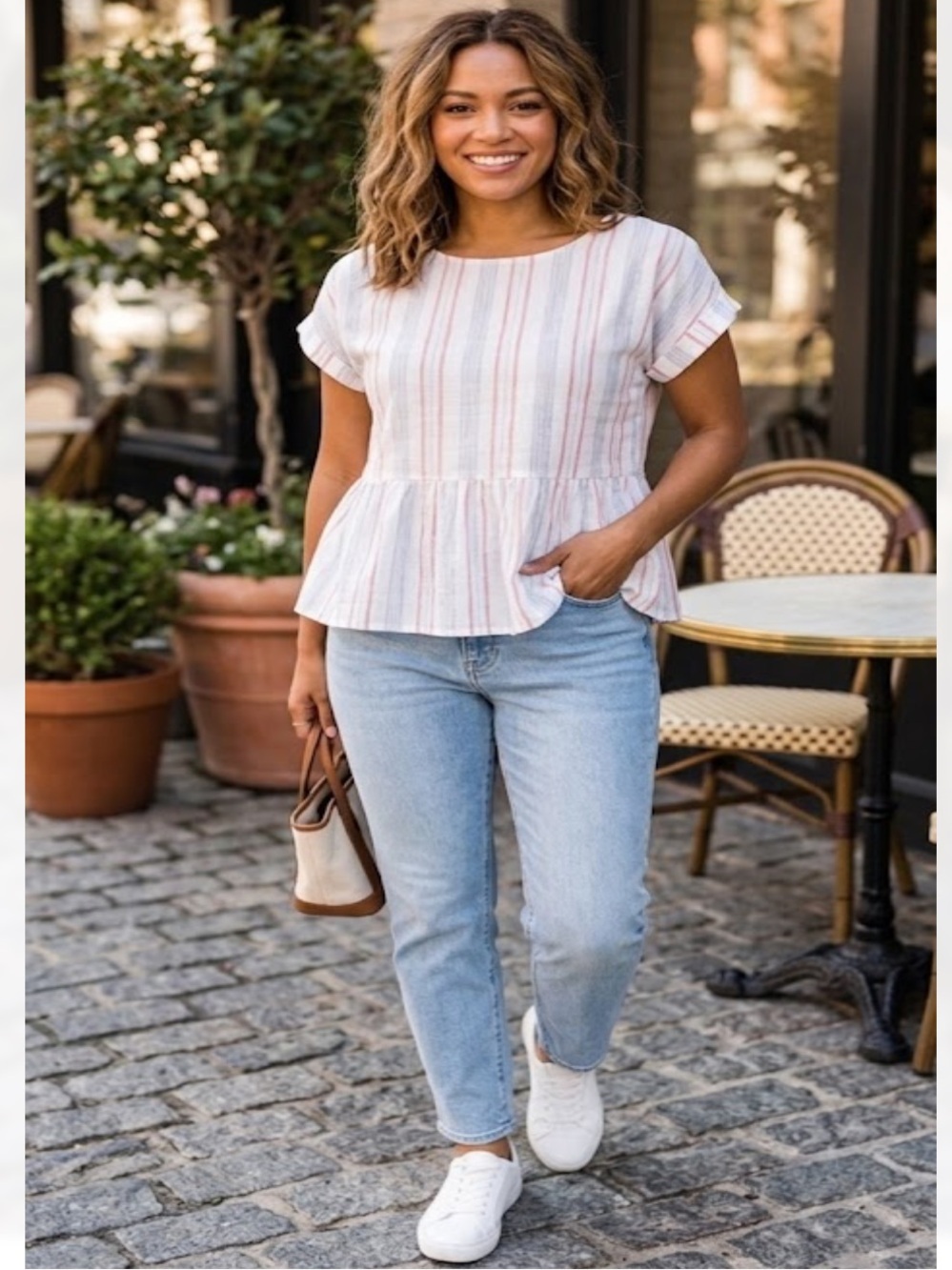 Blu Pepper Stripe Top - White with Pink & Light Gray Stripes